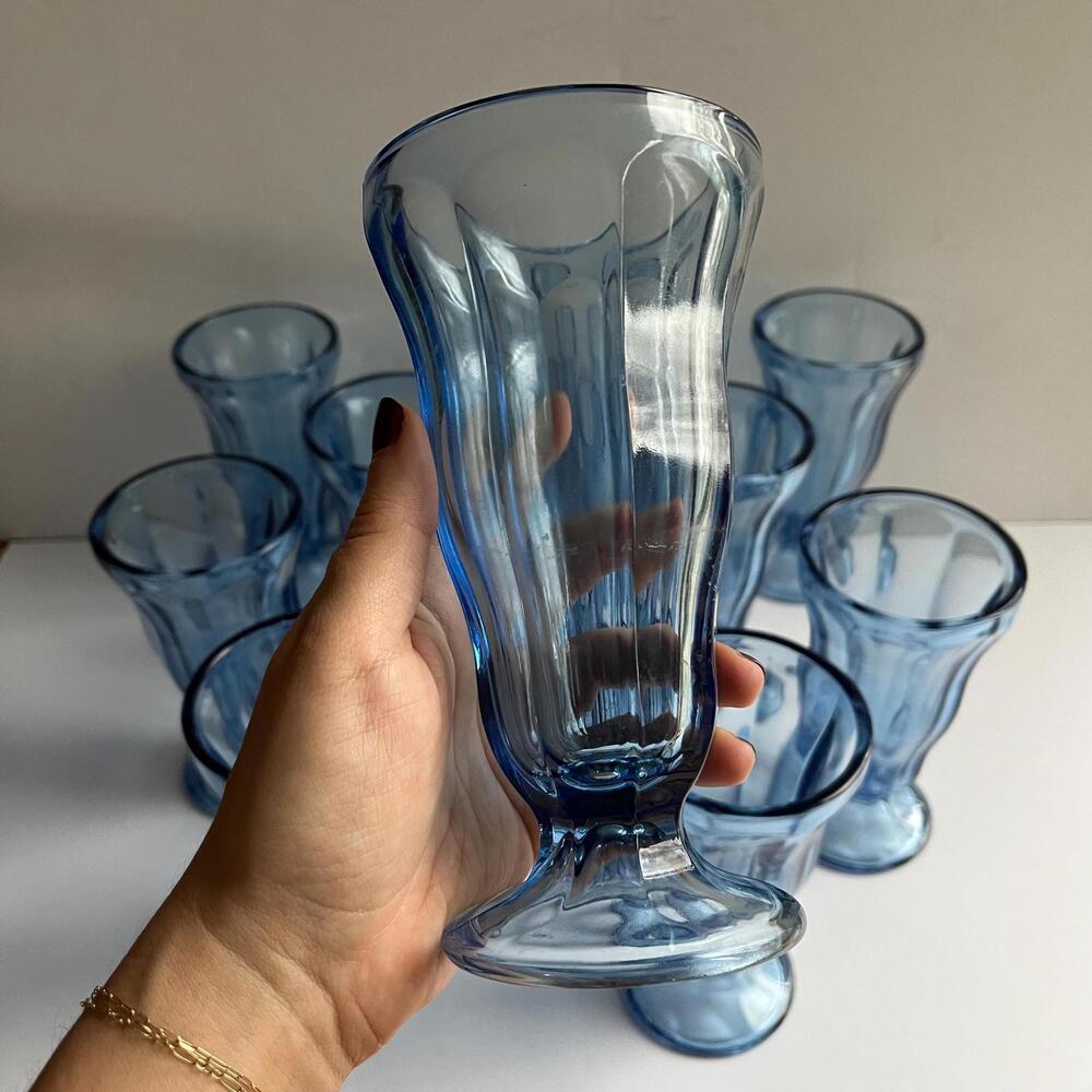 sold separately - Vintage Blue Pedestal Glasses, 7” Tall Soda Fountain Tumblers